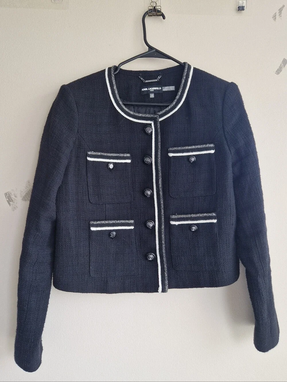 Karl Lagerfeld Black Tweed Boxy Jacket with White Trim - Picture 1 of 5
